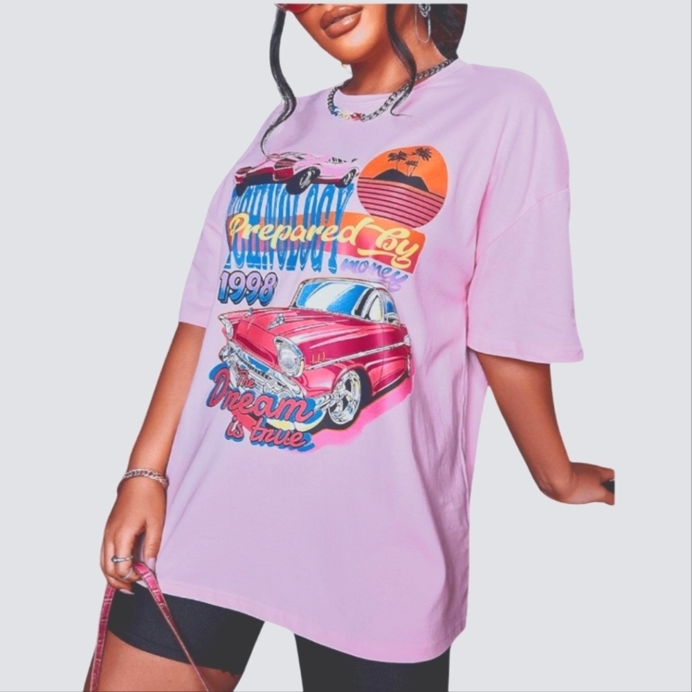 ๐ฅSHEIN Pink Graphic Oversized Tee with Retro CarSize M๐ฅ5$ If You Get Bundle๐ฅ